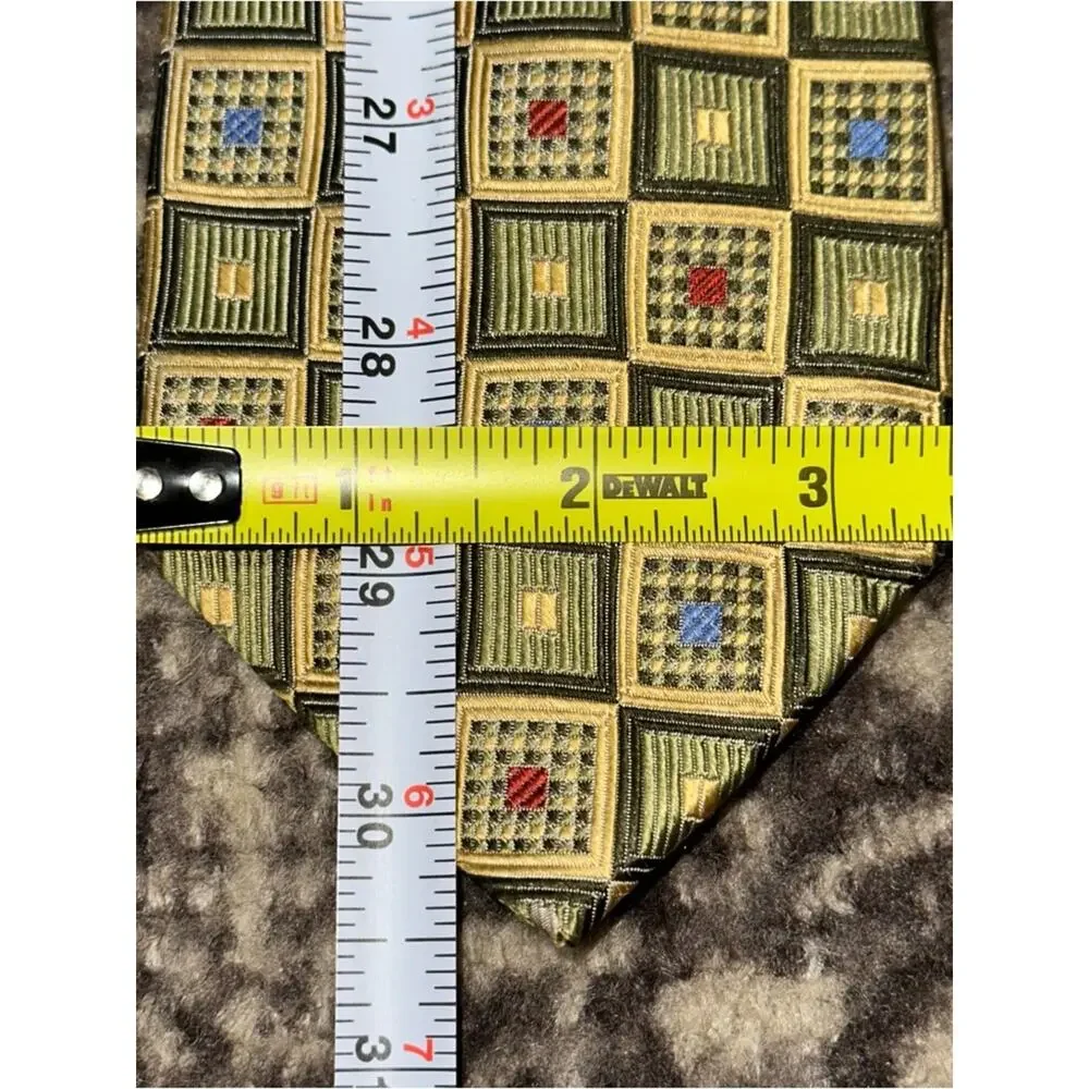 Bruno Piattelli Roma Vintage Gold Green Geometric Print Silk Necktie Tie